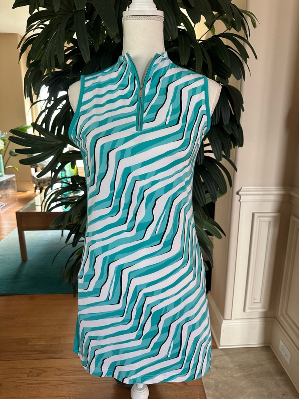 💚Tail Dresses Teal & White Striped Geometric Print Mini Dress Size S💚